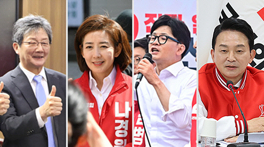 왼쪽부터 국민의힘 소속 유승민 전 국회의원, 나경원 의원, 한동훈 전 비상대책위원장, 원희룡 전 국토교통부 장관.<유승민·나경원 페이스북 사진, 국민의힘 홈페이지 사진 갈무리>